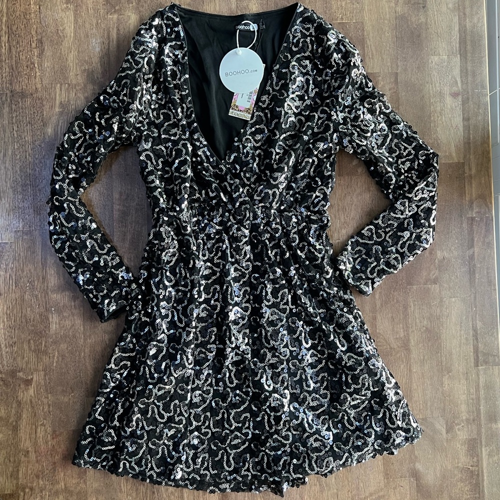 BOUTIQUE SEQUIN WRAP SKATER DRESS, NWT